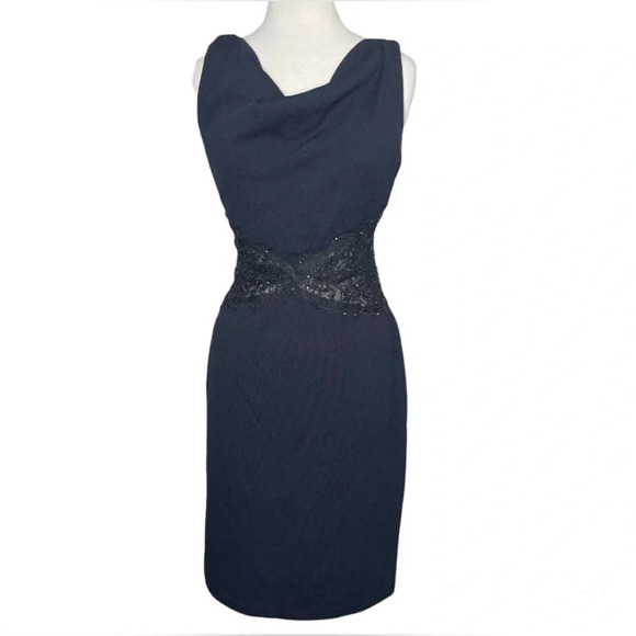 NWT St John Evening Santana Drape Neck Black Lace Middle Dress Dark Blue Size 12 - Picture 9 of 10